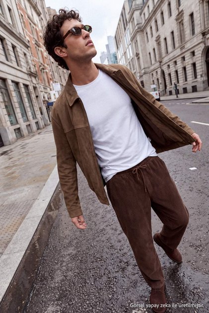 Kahverengi Kadife Beli Lastikli Normal/Regular Fit Erkek Pantolon TMNAW27PL00006