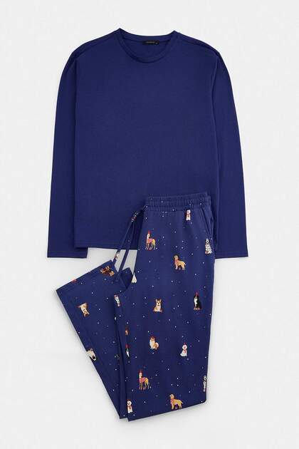 Navy Blue Regular Fit Christmas Themed Knitted Pajama Set Tmnaw27Pt00023