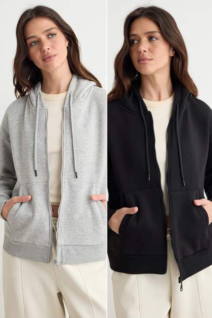 Gray Melange Black 2-Pack Oversize Hooded Knitted Cardigan/Sweatshirt with Fleece Inside Twoaw24Sw00188