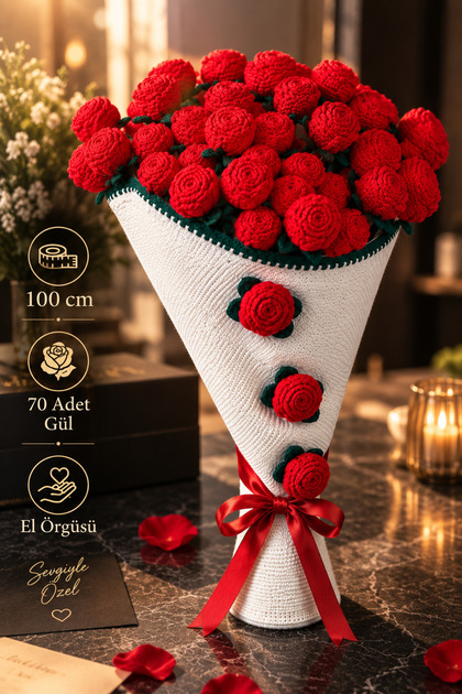 El Örgüsü Gül Buketi 100 Cm Giyilebilir Battaniye Şal El Örgü Sevgili Çiçeği Gül Motif Rmantk Hediye