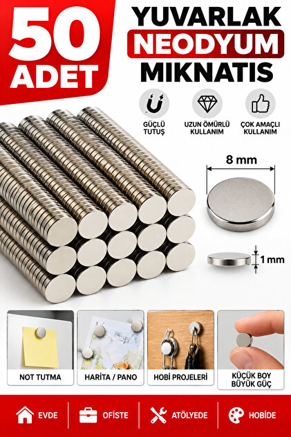 50 Adet 8mm X 1mm Yuvarlak Güçlü Neodyum Mıknatıs Magnet,