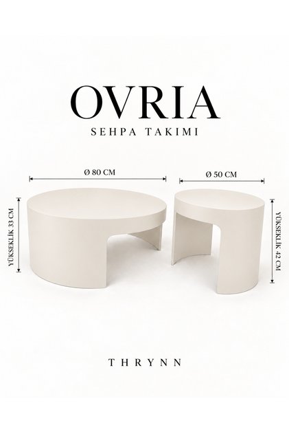Ovria 2’li Yuvarlak Orta ve Yan Sehpa Takımı Aytaşı Renk Modern Tasarım Dekoratif Kremsi Beyaz