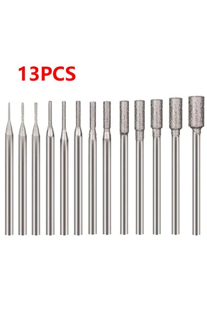 13PCS 13 Pcs Diamond Burr - 3/32'' Shank Diamond Burs Stone Carving Bits for Dremel Rotary Tools(Cyl