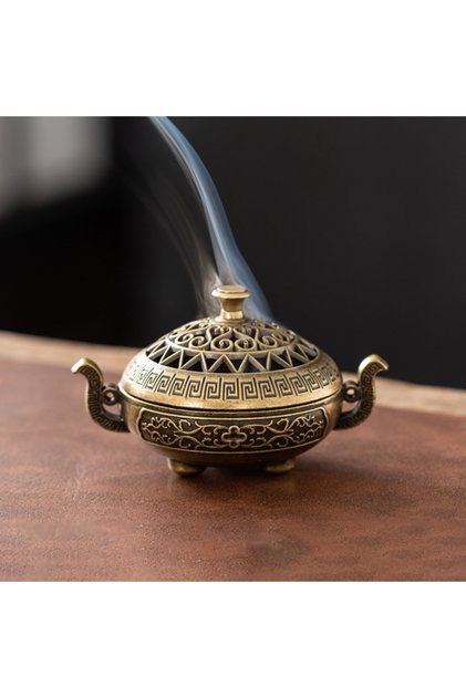 ZS77-8-SE Vintage Alloy Incense Burner Stick Holder Three Legged Hollow Out Mini Sandalwood Censer I
