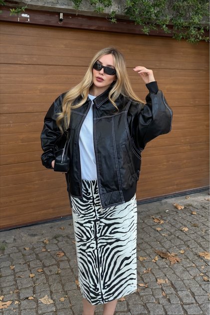 Black Leather Jacket with Stitching Detail - 1071