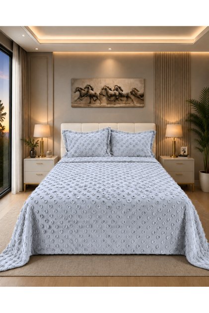 Ponpon Patterned 3 Pieces Double Bedspread Gray