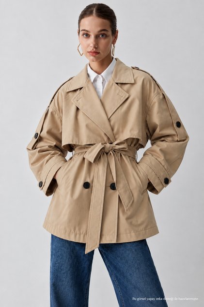 Women's Lined Beige Belted Short Trench Jacket-L-00201967