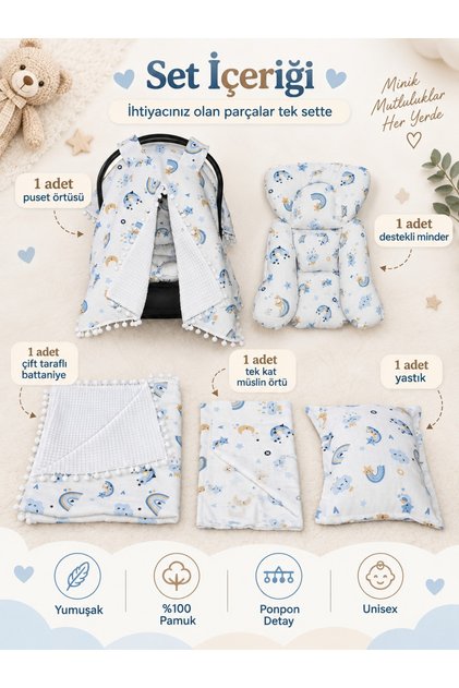 Double-Sided 100% Cotton Muslin & Pique Stroller Cover Cushion, Baby Blanket Cover and Pillow Set