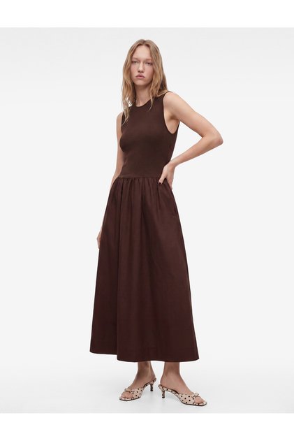 Cotton Comfortable Fit A-Line Sleeveless Crew Neck Long Dress