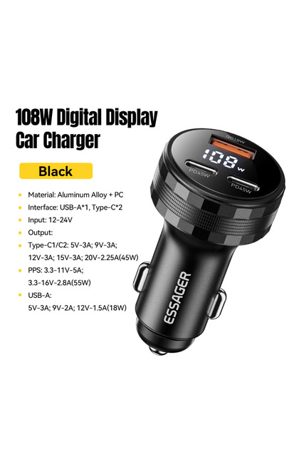 Black 108W 3Ports USB Car Charger Digital Dispaly PD3.0 Fast Charging Quick Charge 3
