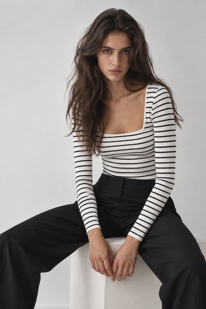 Siyah Beyaz Çizgili Kaşkorse Cotton Elastan Kare Yaka Uzun Kol Slim Fit Bluz