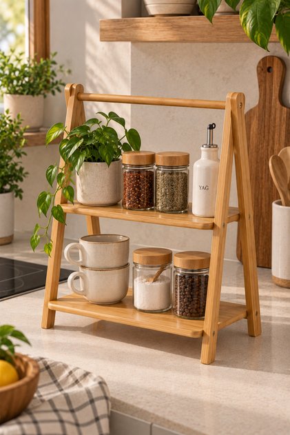 2 Katlı Bambu Sunumluk Stand Kahve Rafı Organizer