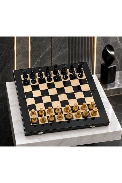 Set Șah și Table ROmde™, Lemn de Fag, Pliabil, Stil Clasic Fără Decorațiuni Florale, Lucrat Manual în România, 44 × 44 cm, Negru/Alb