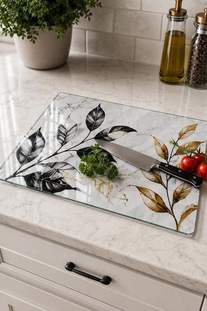 Glass Cutting Board with Marble and Leaf Theme - Glass Cutting Board | 30cm X 40cm