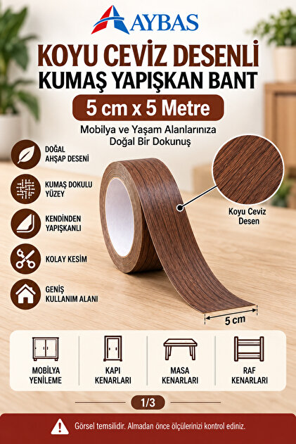 5cm x 5metre Koyu Ceviz Ahşap Desenli Kumaş Yapışkan Bant – Kendinden Yapışkanlı Dekoratif Kaplama Şeridi, Kolay Kesim Mobilya Tamir Bandı