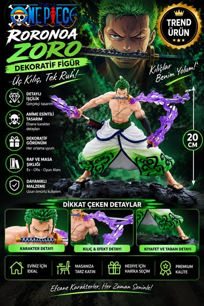 KONNICHIWA One Piece Roronoa Zoro Üç Kılıçlı Anime Figürü – Efekt Detaylı Dekoratif Figür 20 cm