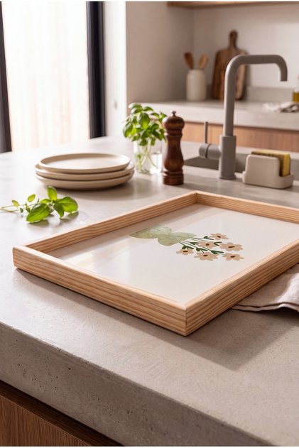 Yellow Floral Vase Patterned - Rectangular Coffee Presentation, Engagement, and Serving Tray with Natural Wood Frame