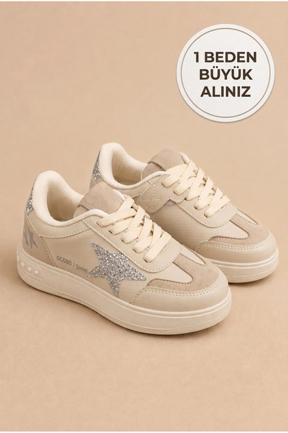 Zoom Kids Star Detailed Casual Sneaker Comfortable Sole Lace-Up Sports Shoes - Beige