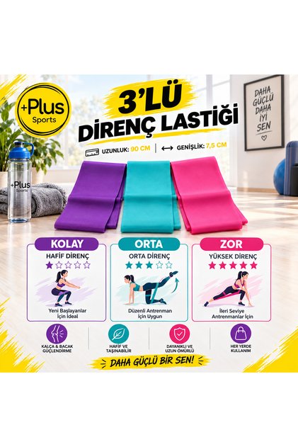 Light-Medium-Hard Resistance Pilates Band Set of 3 90X7.5 cm