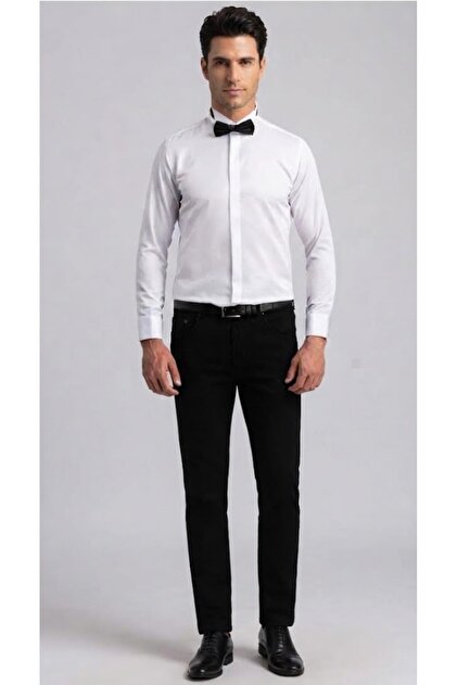 Slim Fit White Cotton Satin Cufflinked Ata Collar Tuxedo Shirt with Hidden Buttons on the Front