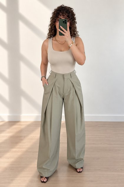 Women's Mint Color High Waist Fabric Trousers