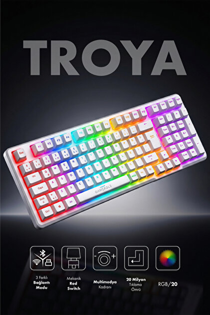 Troya White RGB 3 Modlu Kablosuz Mekanik Oyuncu Klavyesi Red Switch Full Anti-Ghosting TR Q