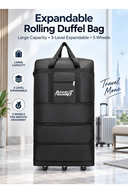 Expandable Wheeled Travel Bag, 3-Level Large Capacity Duffel Bag, 90 × 50 × 30 cm, Black
