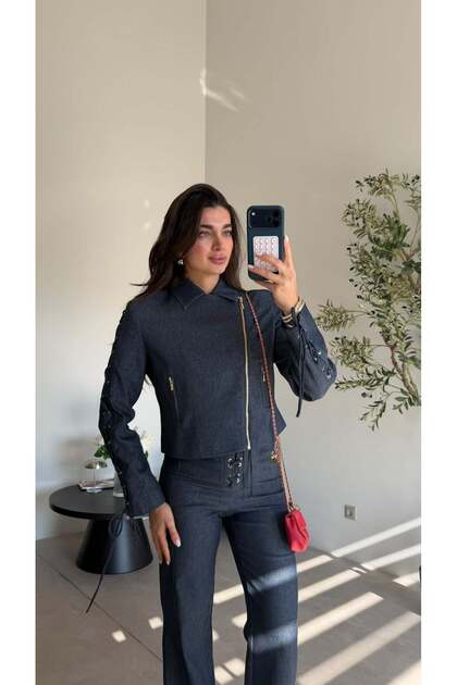 Navy Blue Denim Jacket with Tie Sleeves