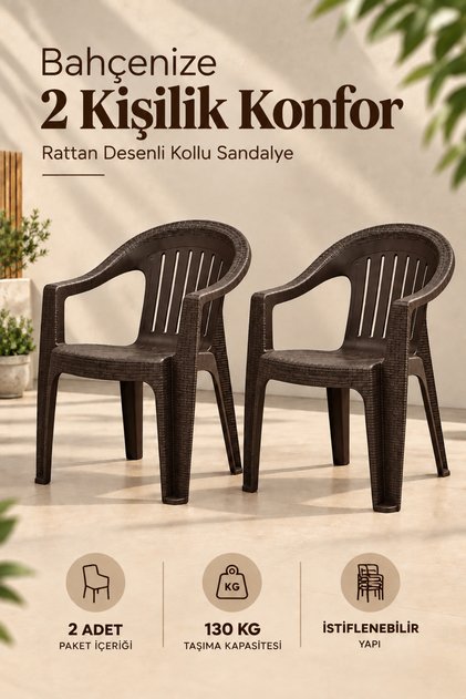 Rattan Desenli Kollu Sandalye | Bahçe & Balkon Sandalyesi - 2 ADET