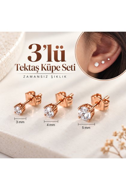 Surgical Steel Solitaire Earring Set 3 Pieces Rose Gold Color