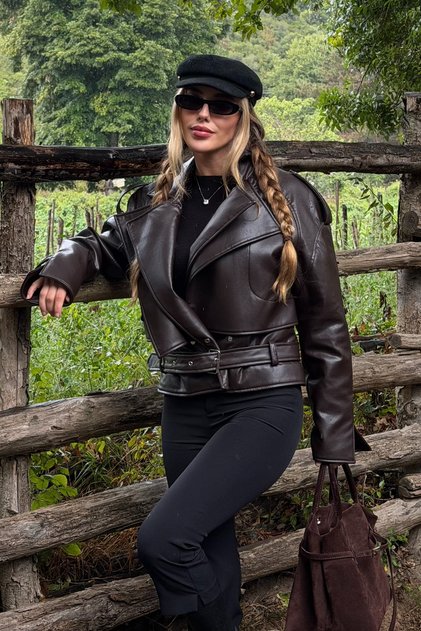 Acı Kahve Leather Jacket with Additional Collar and Epaulettes - 1047