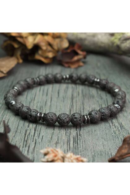 Hematite and Lava Stone Men's Natural Stone Bracelet - 8 Mm, Elastic