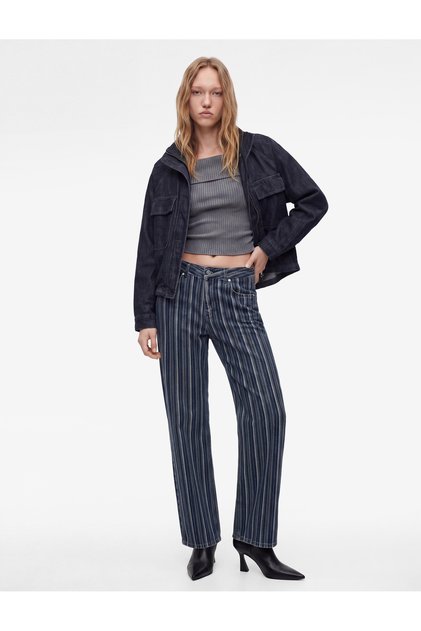 Pamuklu Normal Bel Cepli Uzun Düz Paça Çizgili Denim Pantolon - Straight Fit Jean