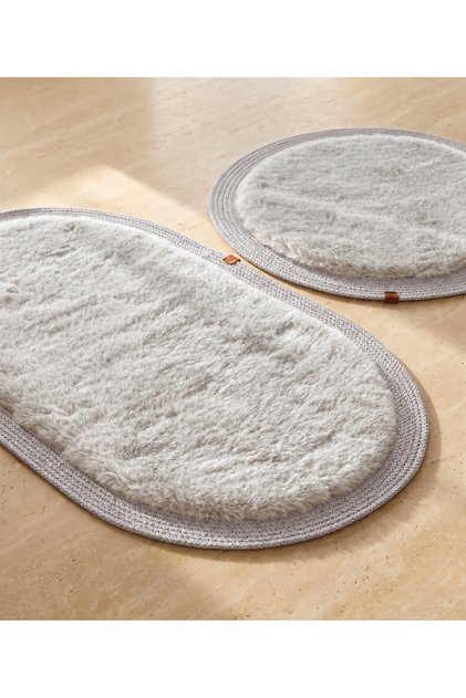 Rabbit Hair Plush Post-Bath Mat Set of 2 Ultra Soft Full Jute Edged Non-Slip Leather Base