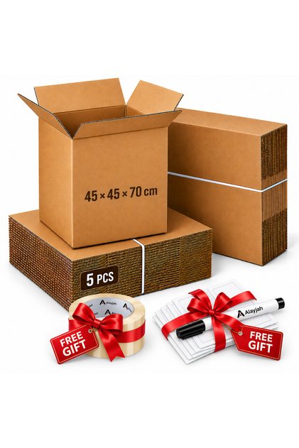 Move Your Stuff Easily, Pack of 5 Heavy Duty Moving Boxes + Free Masking Tape, Marker Pen & 5 Label Stickers, Large Double Wall Corrugated Carton Boxes 45 x 45 x 70 cm, 30kg Capacity, 30100014