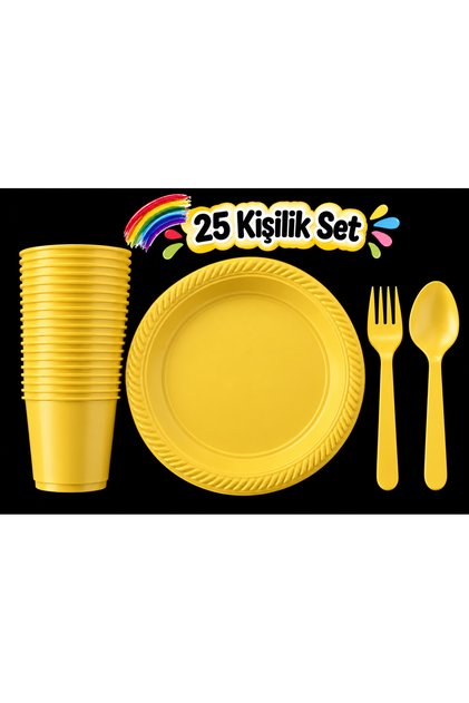 PLASTİK SERT TABAK BARDAK ÇATAL KAŞIK SARI RENK 25 KİŞİLİK SET plastik tabak bardak çatal kaşık seti piknik seti