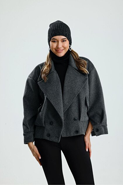 Lagos Double-Breasted Kaşe Short Gray Coat