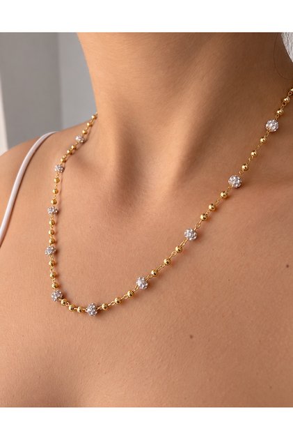 Kadın Gold Kaplama Zirkon Taşlı Küre Ve Dorika Top Dizimli Kolye