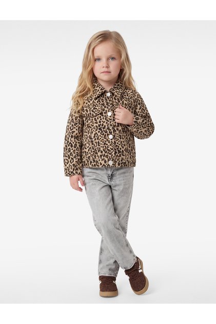Leopard Patterned Loose Fit Cotton Long Sleeve Denim Jacket