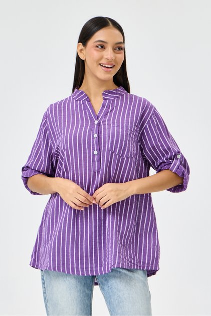 Women's Purple Italian Line Pattern Dominant Collar Folded Fakir Sleeve Half Buttoned Blouse 40 - 44 Size