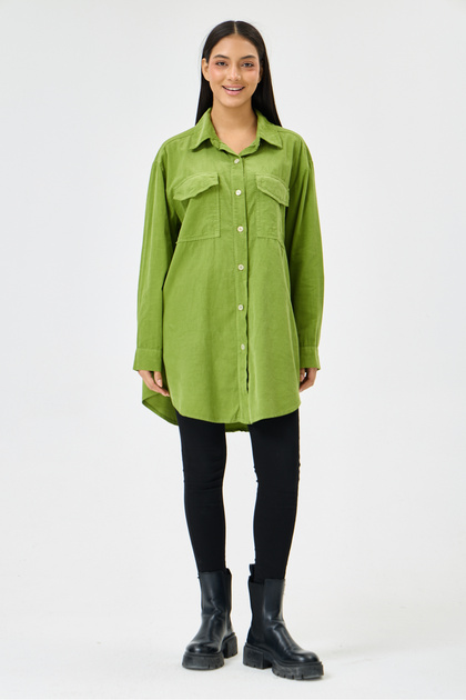 Women's Green Italian Long Velvet Oversize Shirt Tunic 40 - 46 Size