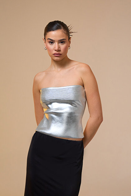 Cruz Gümüş Varak Baskılı Straplez Crop Top Büstiyer