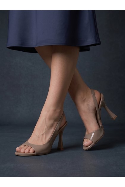 Mink Patent Leather Heeled Sandals, Blunt Toe, Open Front, Single Strap, Open Back, 9 cm Goblet Heel, Evening Dress Event