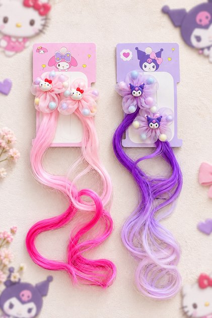 Kuromi and Hello Kitty Character Purple - Pink Color Hairpiece Girls' Hair Clip - 2 Pairs