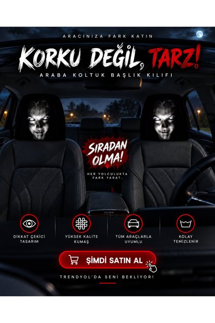 Korku Yüzlü Araç Koltuk Başlık Kılıfı 2’li Set – Komik, Eğlenceli Prank Oto Aksesuarı ve Hediye