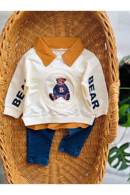 Teddy Bear Printed Sweatshirt with Jeans Trousers 6-24 Months Stylish Seasonal Baby Boy Set