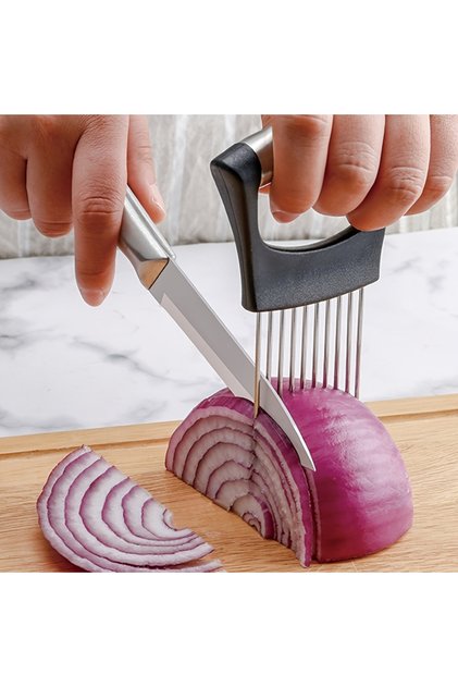 black 1pc Stainless Steel Onion Slicer Holder, Multipurpose Meat Tenderizers, Vegetable Potato Tomat