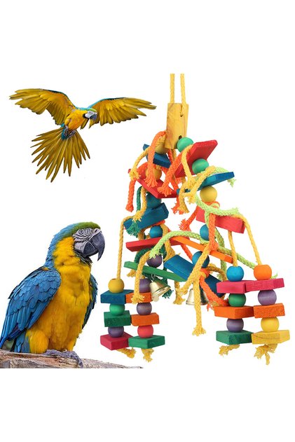 Safe Parrot Chew Toy with Hook Colorful Wooden Beads Ropes Natural Blocks Tearing Toys for Small Med