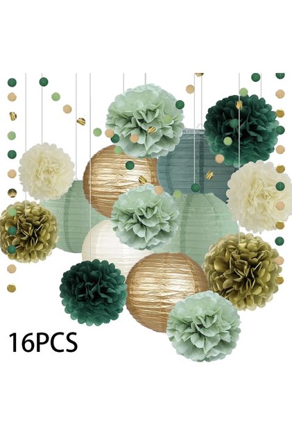 Other 16Pcs 16Pcs Sage Green Party Decorations, Gray Green Paper Lanterns and Pom-Pom Flowers for Bi