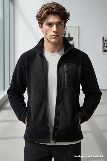 Men's Black Fleece Fabric Jacket with Three Zipper Pockets